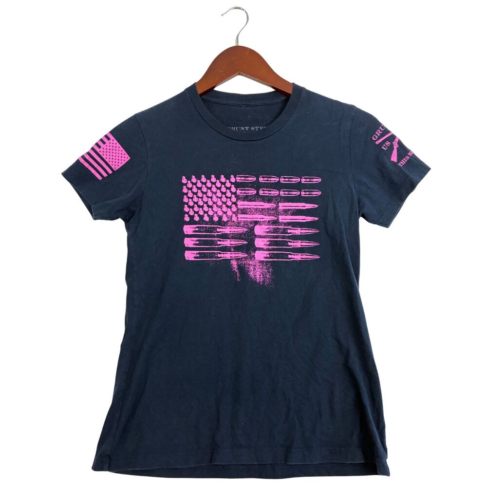 Grunt Style Womens M American Flag Bullets T Shirt Navy Pink Military Gun Tee